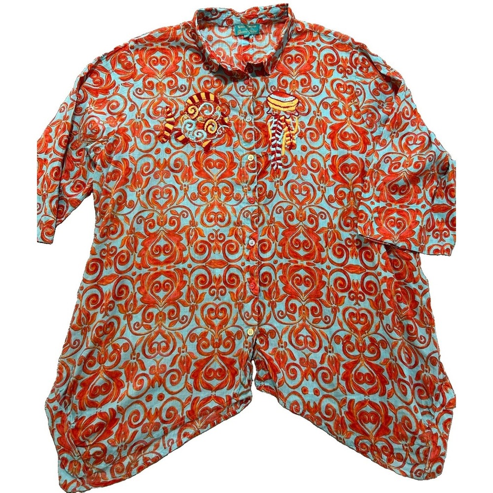 Antica Santoria One Size Embroidered Button-Down Shirt Orange And Blue